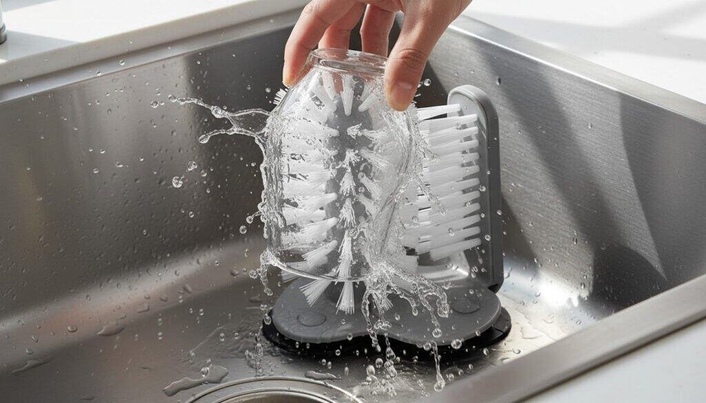 Glass being inserted into the glass washer showing bristles cleaning the inside and outside of the glass at the same time.