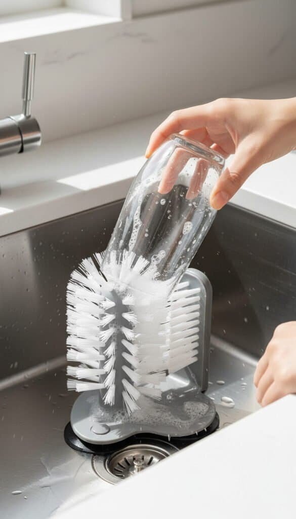 Hand inserting a glass cup into a glass gadget with suction base in a kitchen sink, showing bristles cleaning inside the glass.