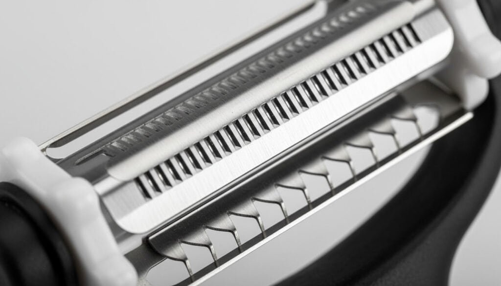 Macro close-up of stainless steel blade on premium vegetable peeler showing sharp edge detail