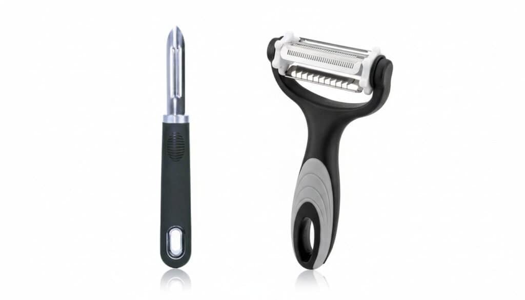 Side-by-side comparison of a stainless steel Y vegetable peeler and a straight peeler on a white background