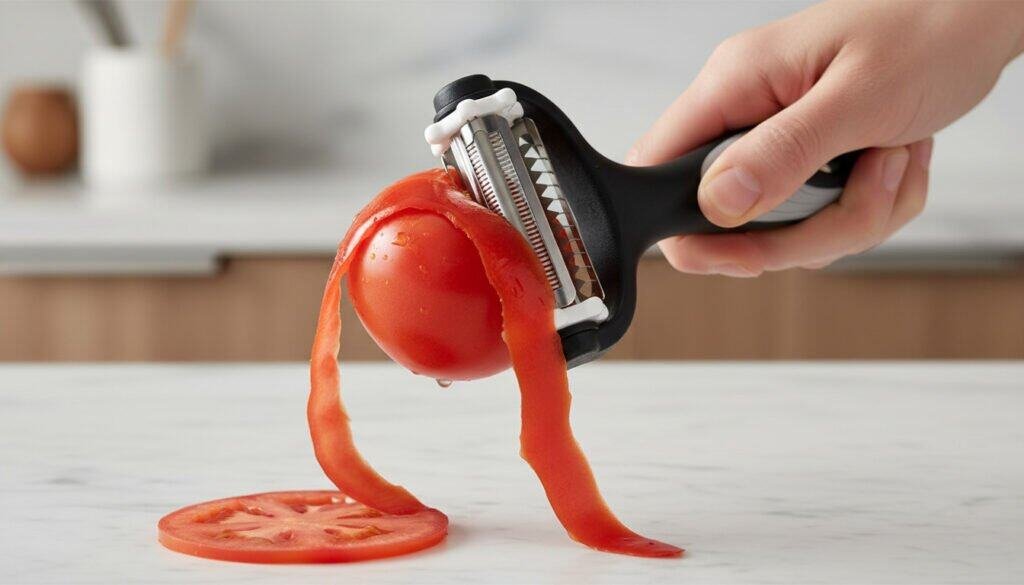 Serrated vegetable peeler gently peeling skin from a ripe tomato in a kitchen setting