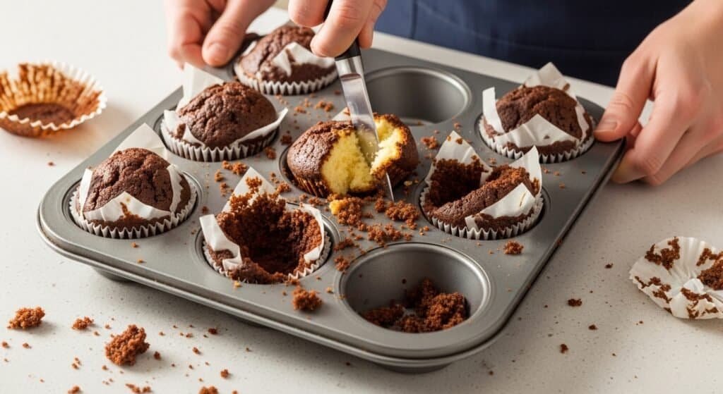 cupcake partially stuck to liner with missing base