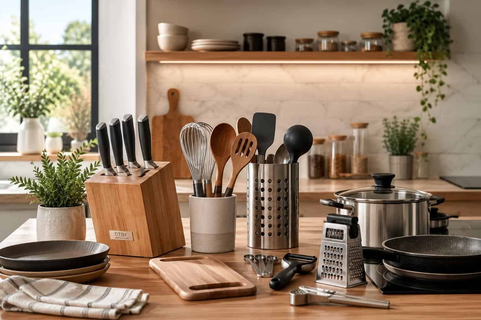Modern kitchen tools arranged neatly on a wooden kitchen countertop