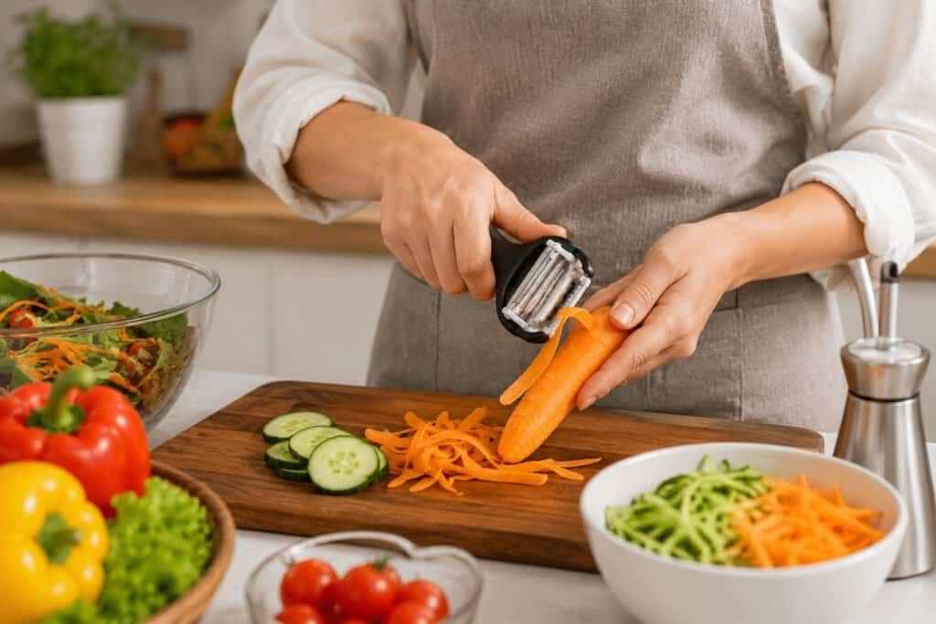 Person preparing vegetables using modern kitchen tools