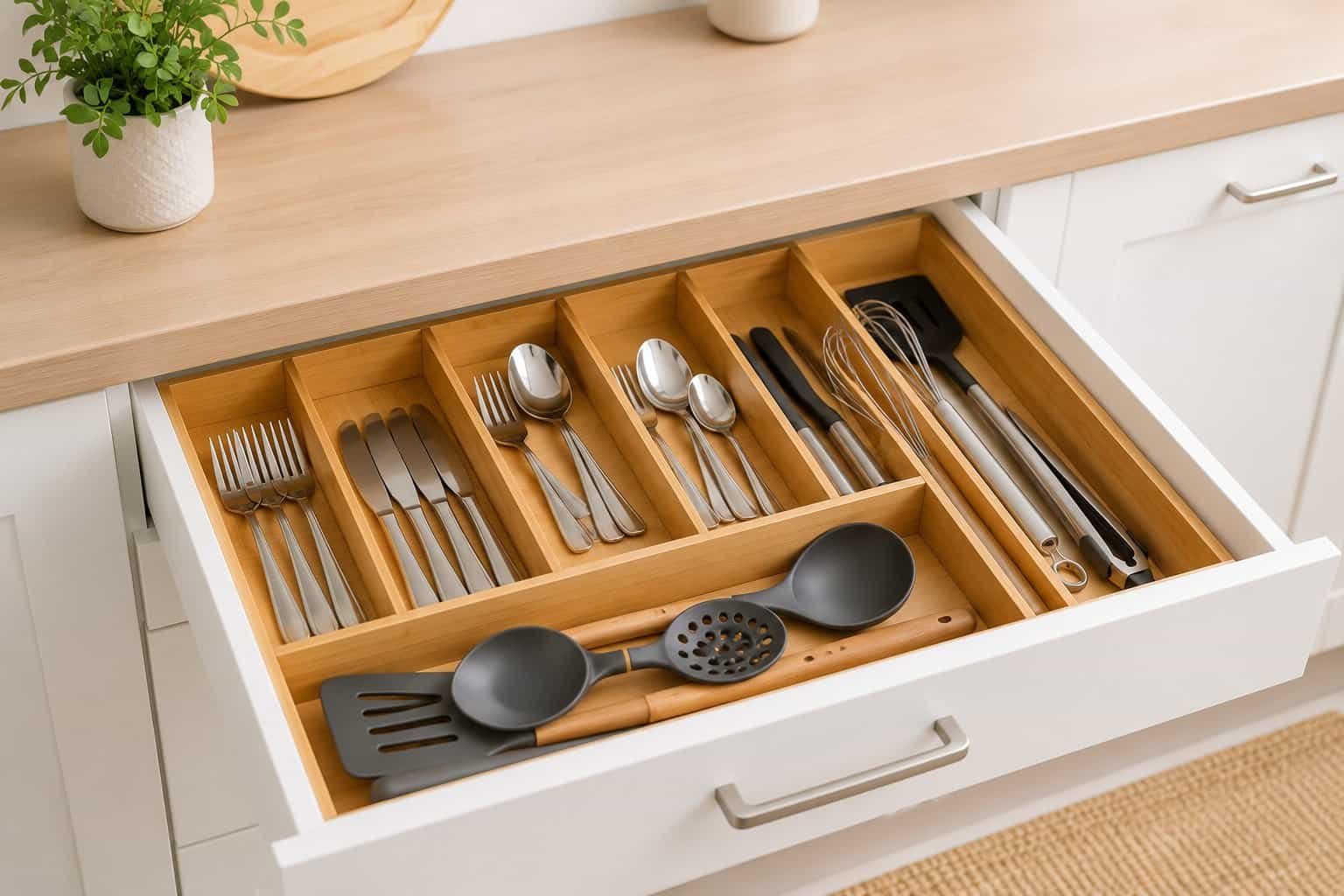Neatly organised kitchen drawer with bamboo drawer dividers separating cutlery, cooking utensils and kitchen tools.