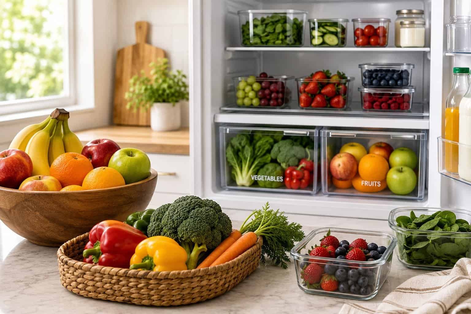 Fresh fruit and vegetables stored correctly in a modern kitchen with an organised refrigerator, wooden fruit bowl, and fresh produce containers.