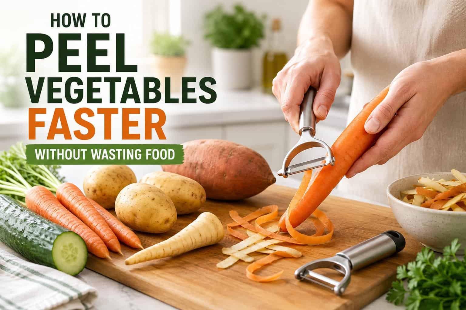 Person using a stainless steel vegetable peeler to peel a fresh carrot on a wooden chopping board surrounded by potatoes, cucumber and other vegetables in a bright modern kitchen.