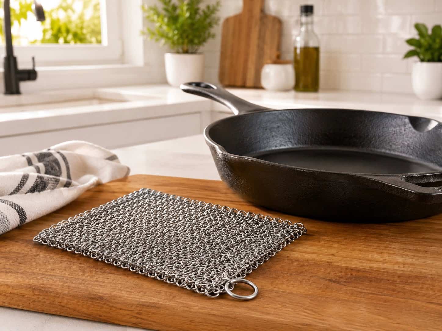 DTDF stainless steel cast iron scrubber on a wooden chopping board beside a cast iron skillet in a bright modern kitchen.