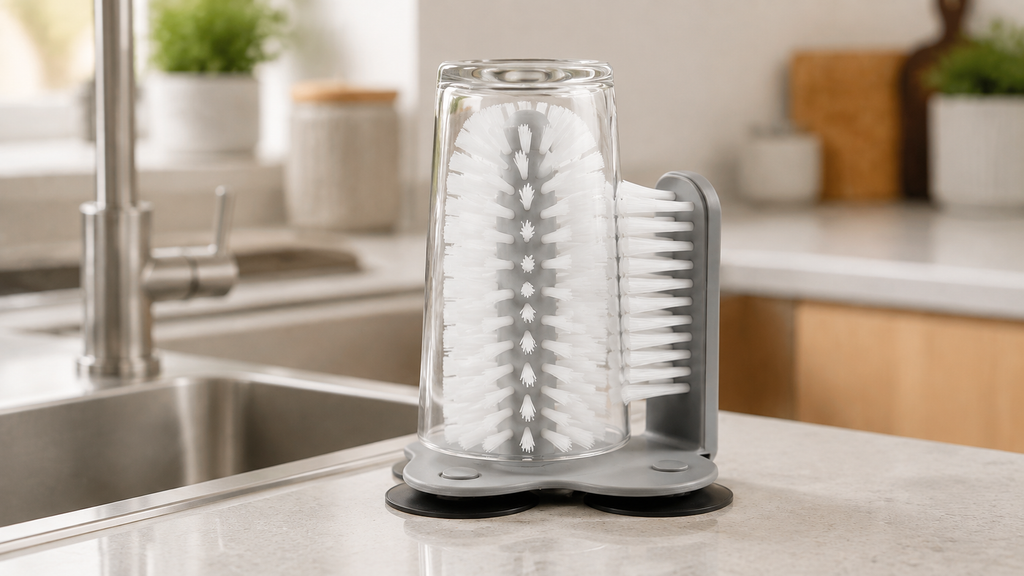 DTDF cup cleaning brush reaching the bottom of a tall drinking glass