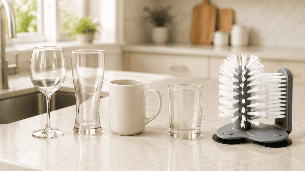 Wine glass, beer glass, mug and tumbler beside the DTDF glass cup cleaning brush