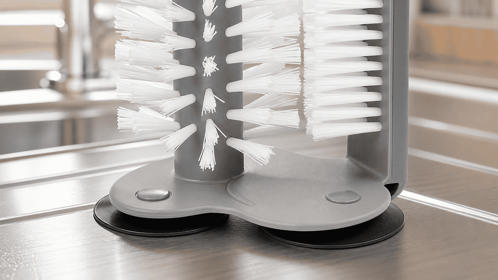 Three suction cups securing the DTDF glass cleaning brush to a smooth sink surface