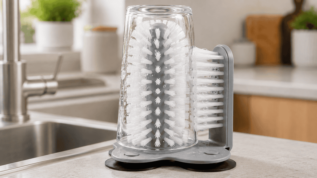 DTDF double-sided glass brush cleaning the inside and outside of a tumbler simultaneously
