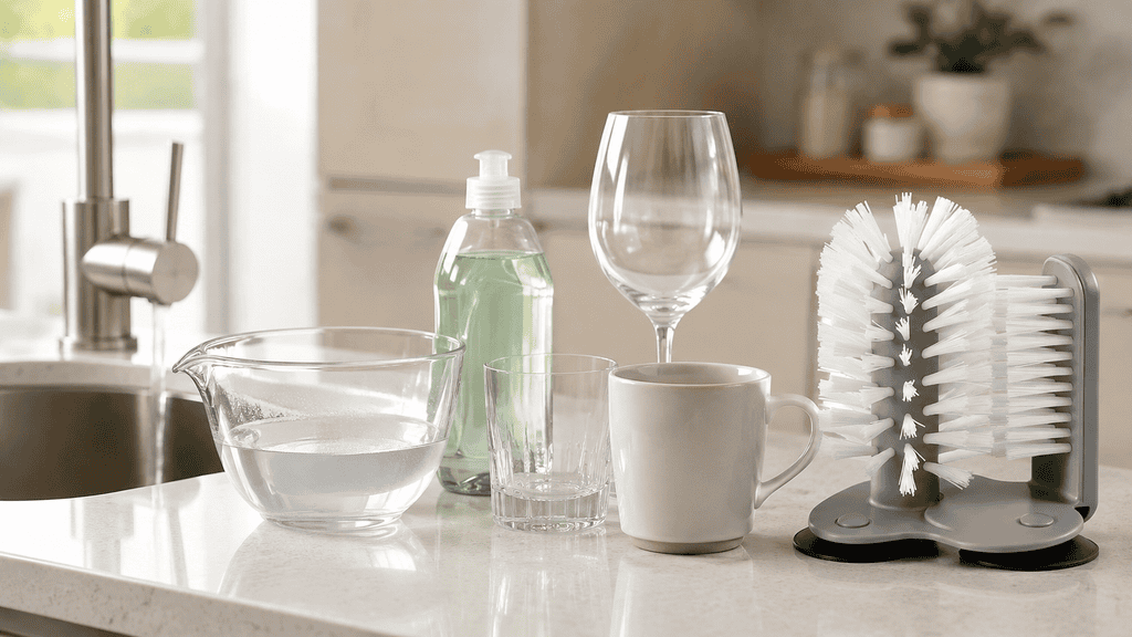 Clean glassware, warm water and DTDF cup cleaning brush beside a kitchen sink