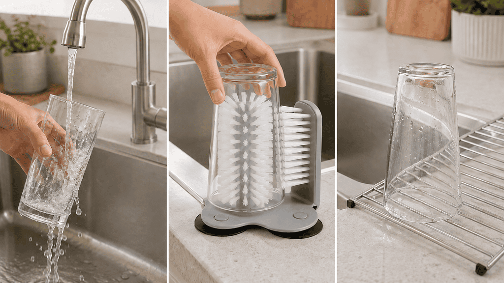 Three steps showing a glass being rinsed, cleaned with the DTDF cup brush and placed on a drying rack