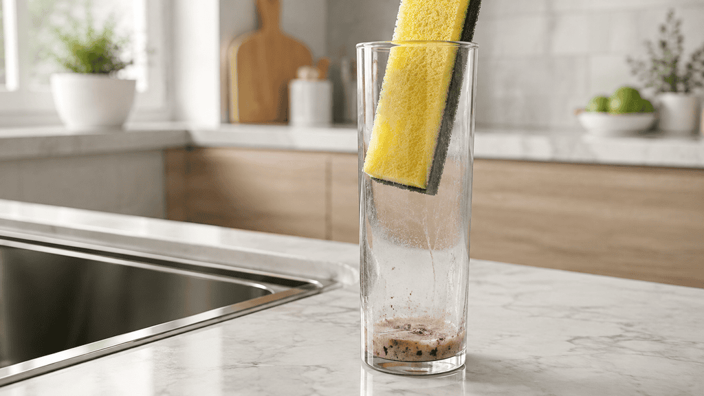 Sponge unable to reach residue at the bottom of a tall drinking glass