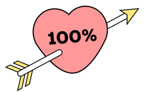 Ein rosa Herz, durchbohrt von einem Pfeil, auf dem „100 %“ steht.