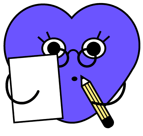 Ein lila Herz mit Brille hält einen Bleistift und ein Stück Papier und wirkt neugierig.
