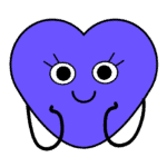 Ein lila Herz mit einem Cartoon-Gesicht, großen, ausdrucksstarken Augen, einem Lächeln. Es hört aufmerksam.
