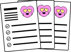Drei Blätter Papier mit einer Checkliste und einem rosa Herz-Emoji mit Sternenaugen.