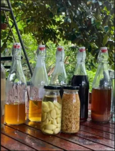 חוויה מסורתית לייצור יין אורז בווייטנאם – בקבוק יין שורשי על שולחן עץ – איסטקארד