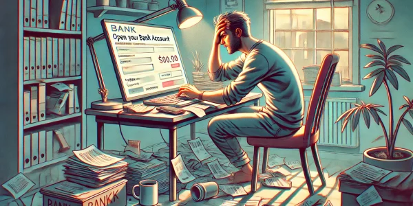 DALL·E 2025-01-24 22.23.18 – A digital illustration of a frustrated person attempting to open a bank account from home. The person is seated at a cluttered desk with a laptop disp DALL·E 2025-01-24 22.23.18 - A digital illustration of a frustrated person attempting to open a bank account from home. The person is seated at a cluttered desk with a laptop disp