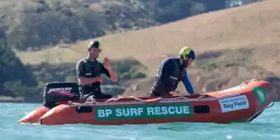 Rescue boat at East End Surf Life Saving Club, New Zealand, during a training session.