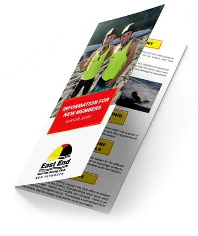Junior surf member information flyer from East End Surf Life Saving Club, promoting youth water safety training.
