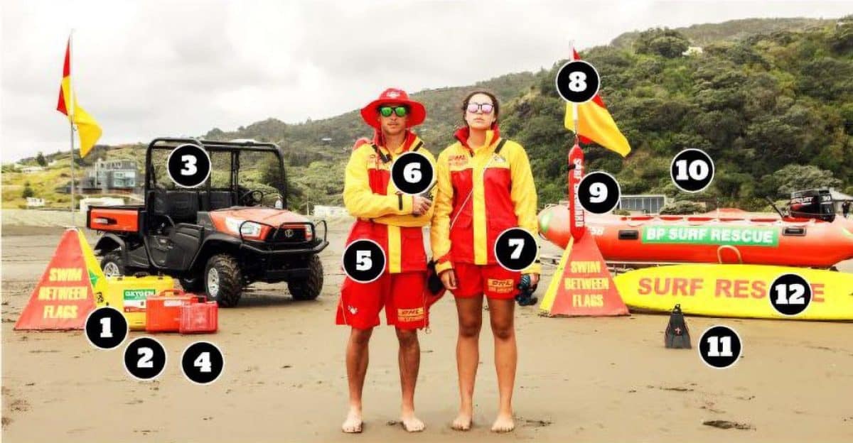 Rescue team members with surf rescue gear at East End Surf Life Saving Club, New Zealand.