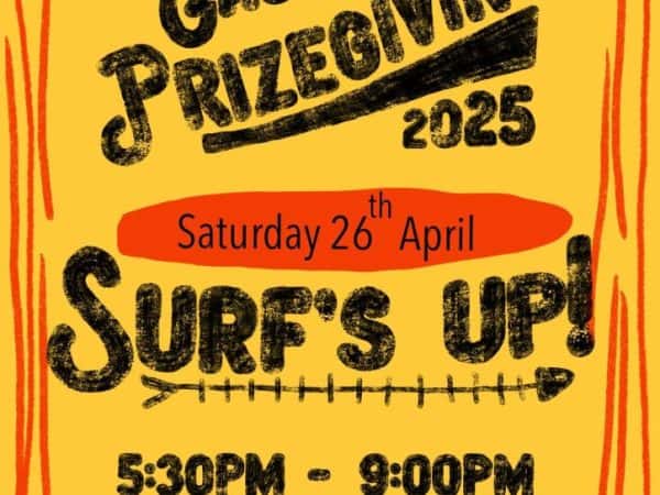 Surf Life Saving Club event poster promoting the East End Surf Life Saving Club's prize-giving 2023.