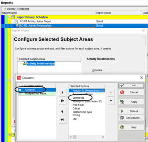 Oracle Primavera P6 Relationship Comments in a report