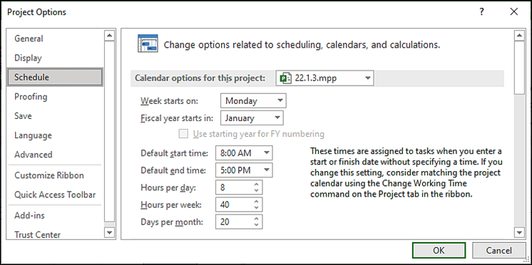 231201 MSP Default Start and Finish Time