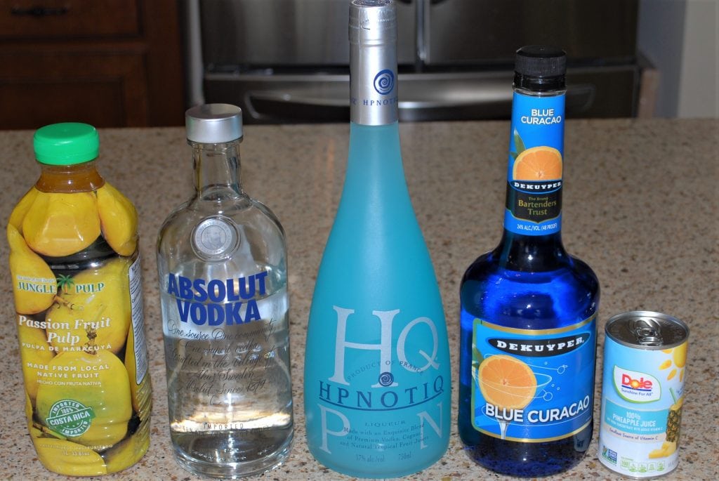 Blue Passion ingredients: Passion Fruit Pulp, Vodka, Hpnotiq, Blue Curacao, and Pineapple