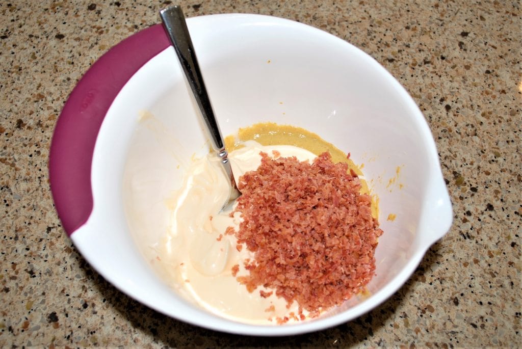 Mustard, mayonnaise, and chopped bacon