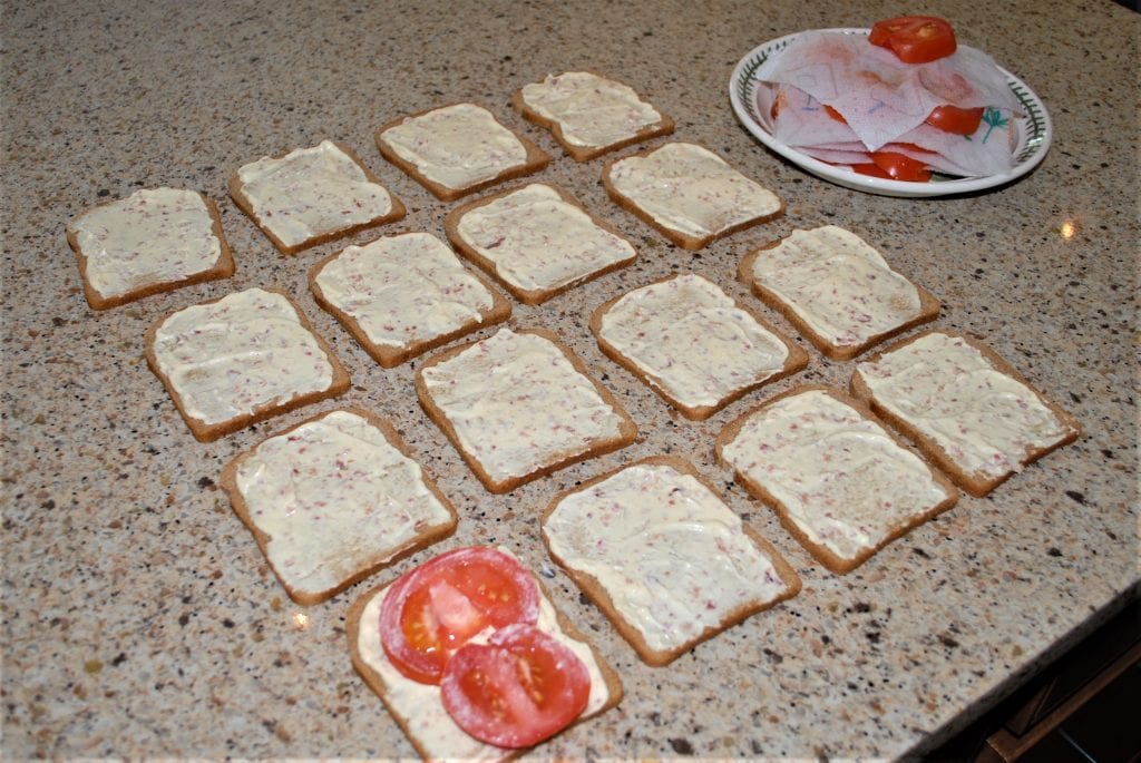 Bread slices with mayonnaise, mustard, and bacon spread