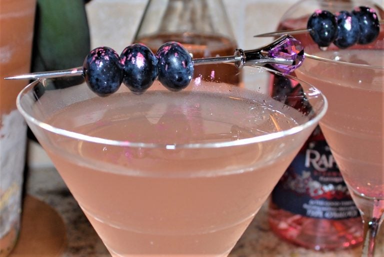 I Glitterally Can't - Strawberry Gin Martini with dusted blueberry garnish