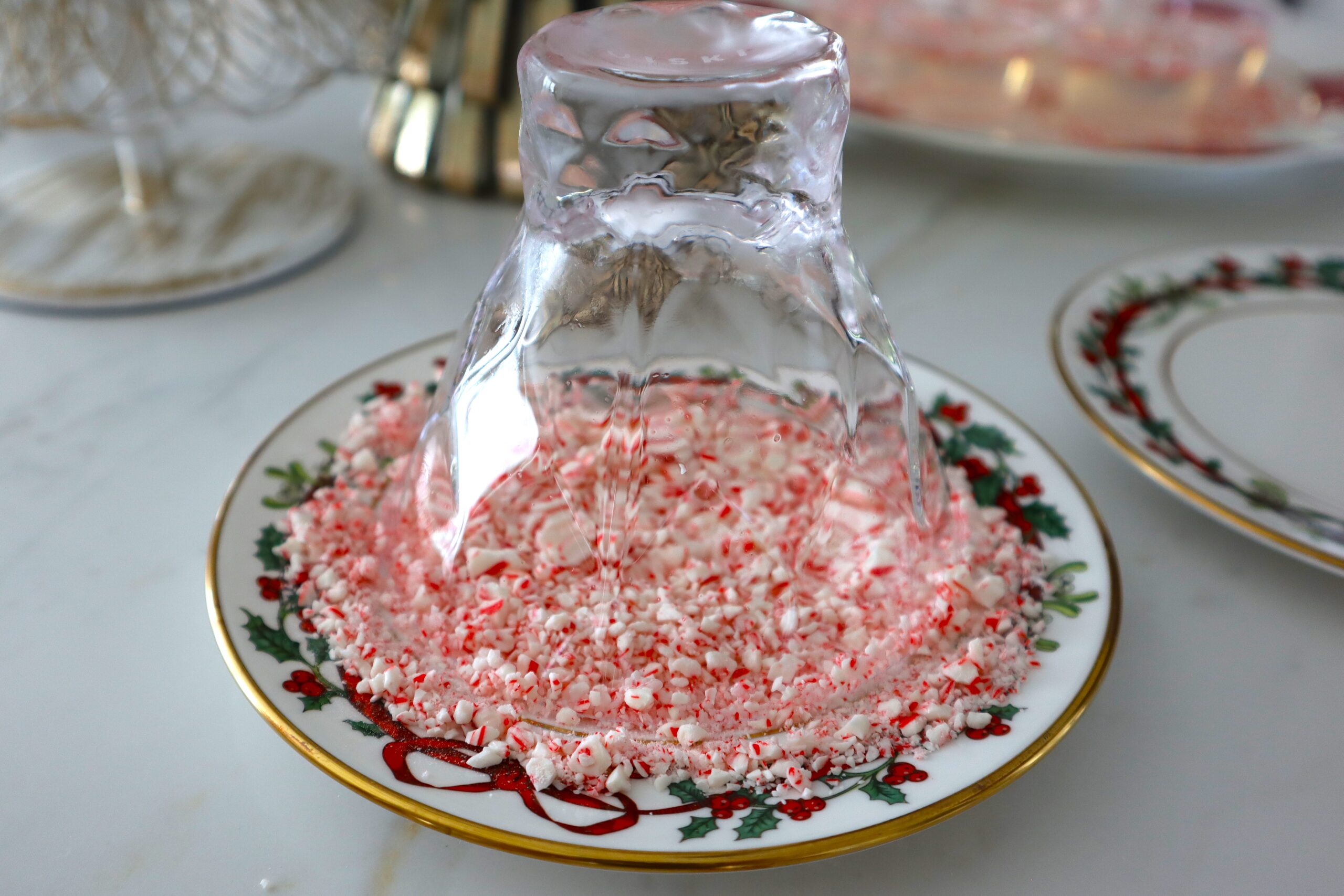 Martini glass dipped in crushed candy canes