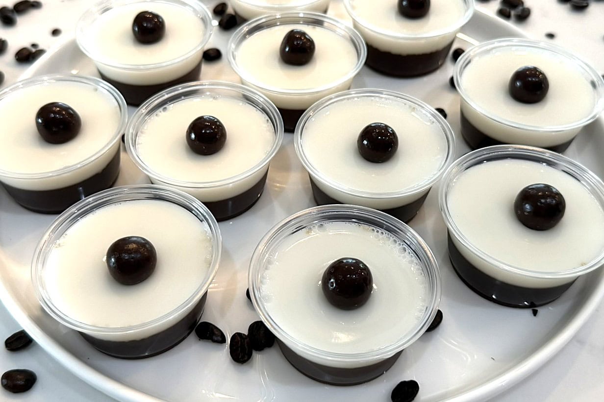 Espresso & Cream Vodka Martini Jello Shots with chocolate covered espresso beans