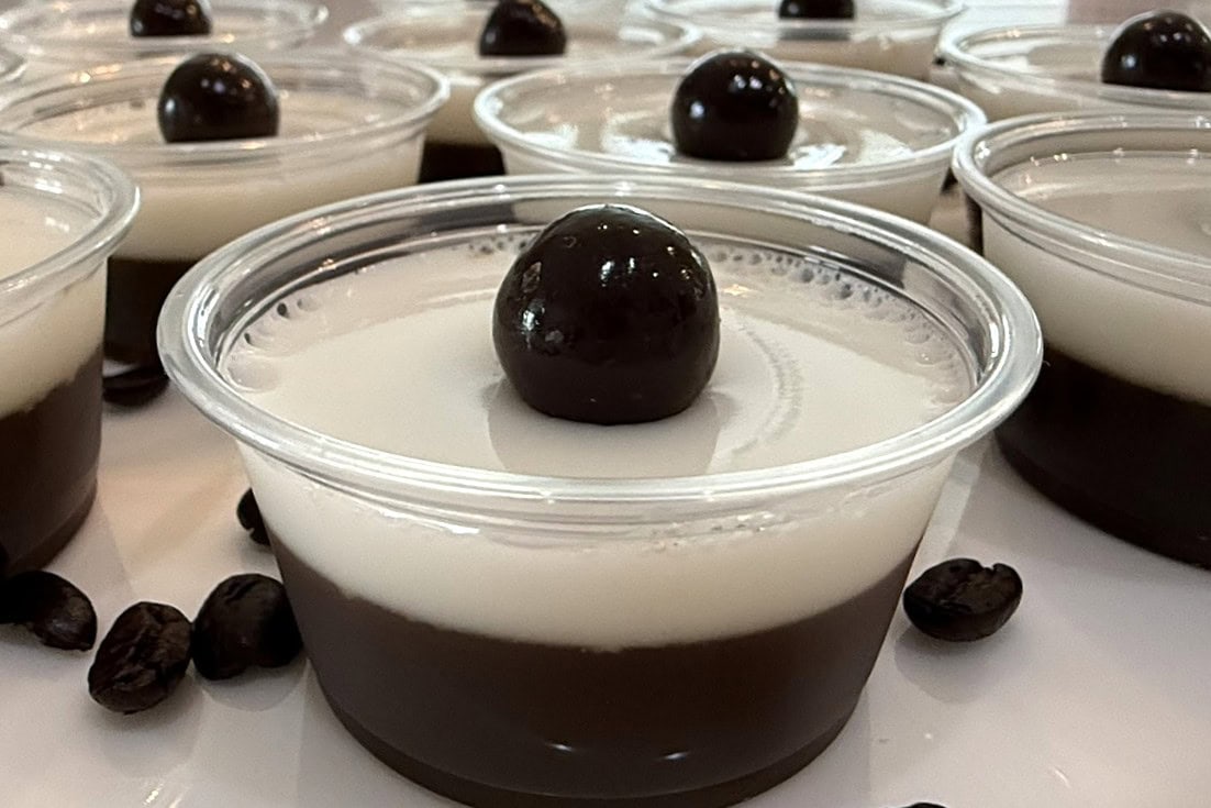 Espresso & Cream Vodka Martini Jello Shot with a chocolate covered espresso bean