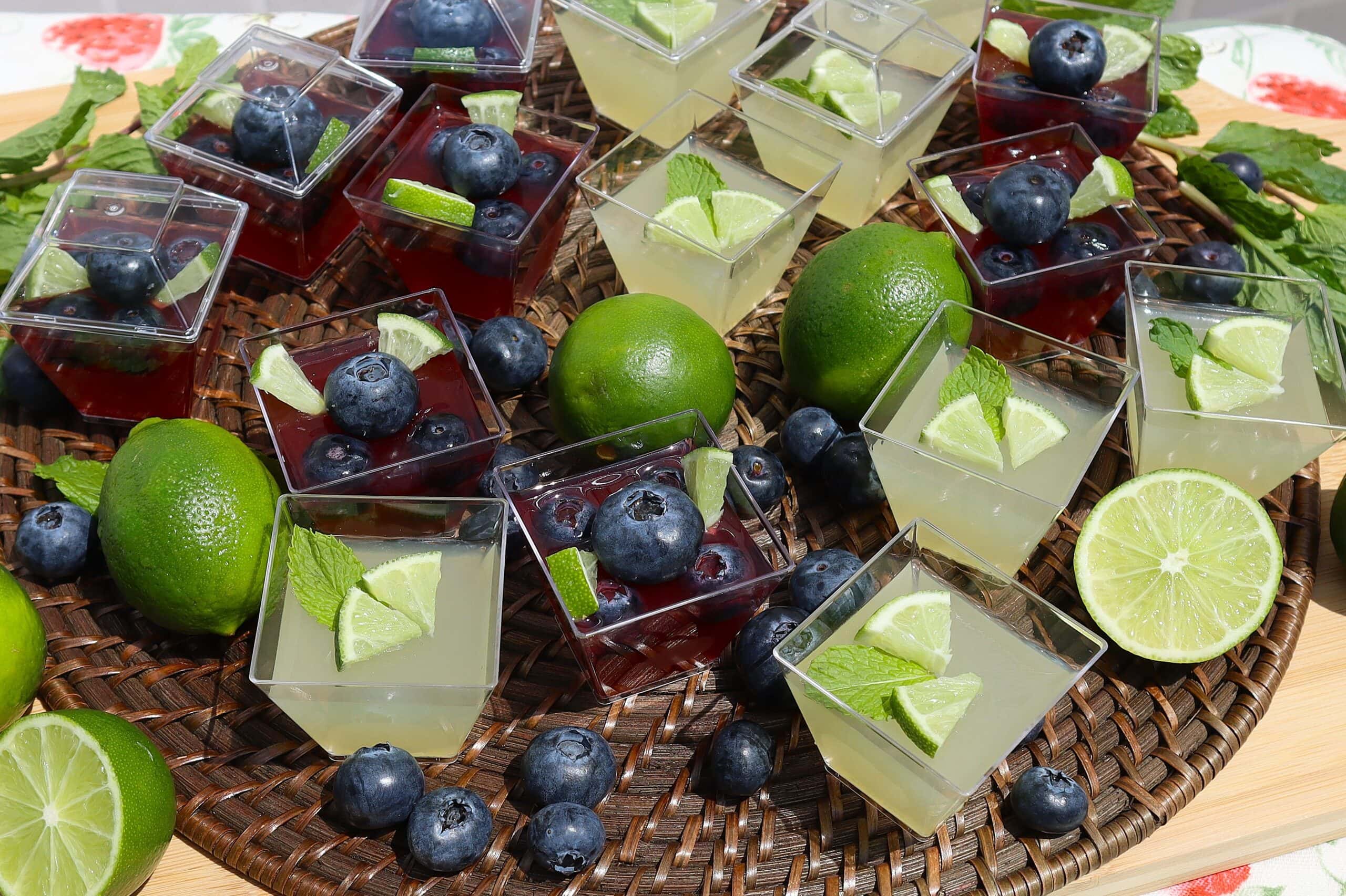 Mojito Jello Shots in original and blueberry flavors.
