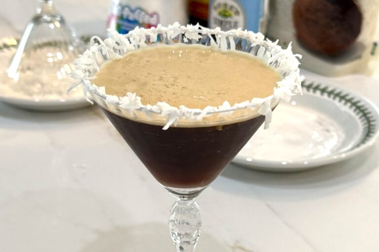 Coconut Espresso Martini with a coconut flake rim