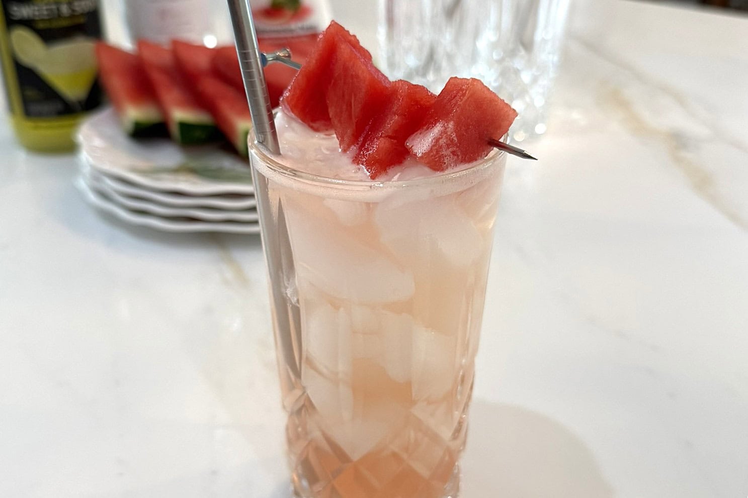 The Melon Mixer with chunks of watermelon for garnish