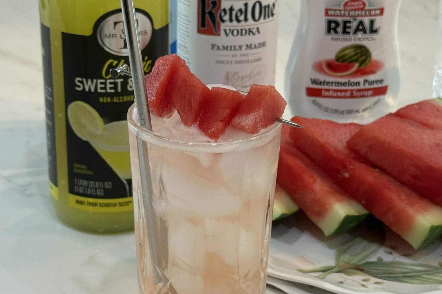The Melon Mixer with chunks of watermelon for garnish
