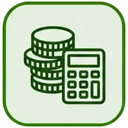 Green coins and calculator representing eco-friendly finance solutions.