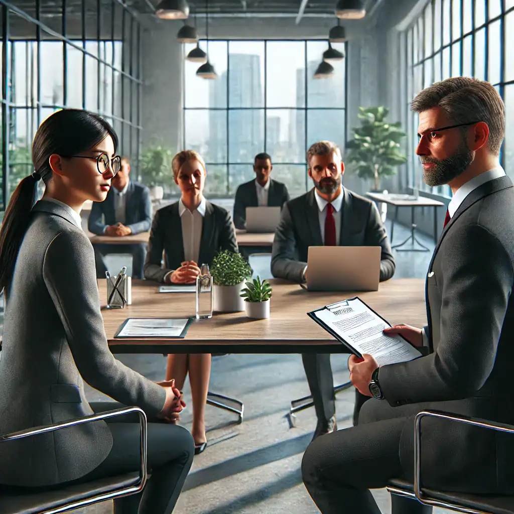Auditoría de Procesos de Producción: Claves para Maximizar la Eficiencia Operativa. 1 DALL·E 2024 09 04 14.14.58 A hyper realistic scene of a job interview in an office setting. The image shows a diverse group of people a hiring manager a young female candidate
