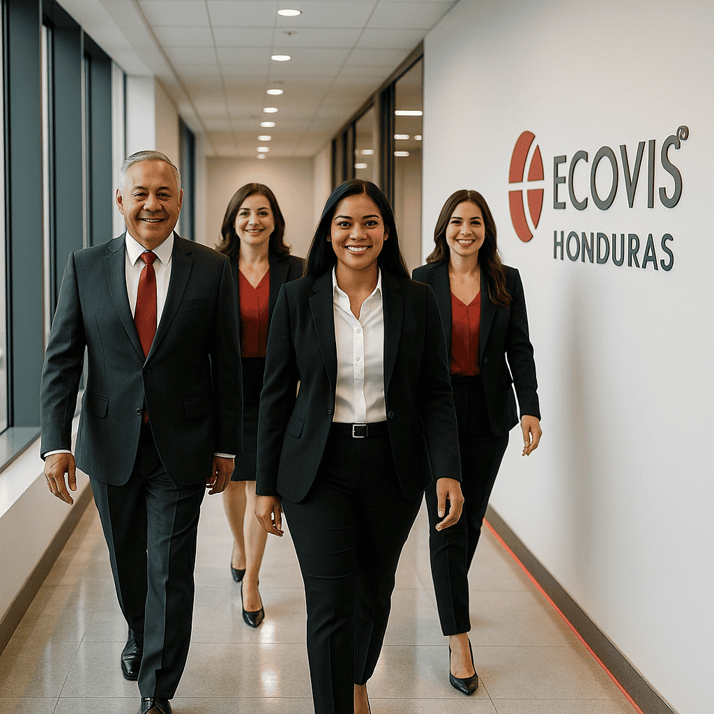 Home 1 Equipo ejecutivo de ECOVIS Honduras caminando con confianza por un pasillo corporativo; tres mujeres y un hombre en trajes oscuros, logotipo de la firma visible en la pared.