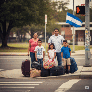 Home 2 Familia hondureña con tres hijos y varias maletas esperando en un cruce; bandera de Honduras ondea detrás y el semáforo peatonal marca “alto”, simbolizando la incertidumbre tras la cancelación del TPS.