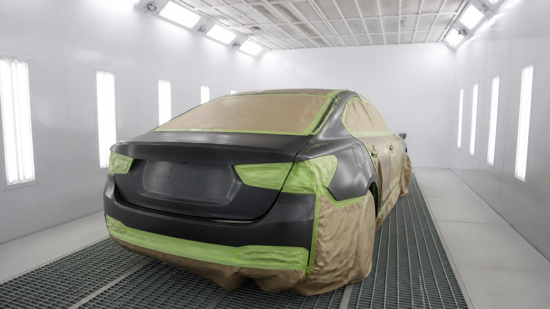 Car in a professional auto repair paint booth with masking tape for painting.