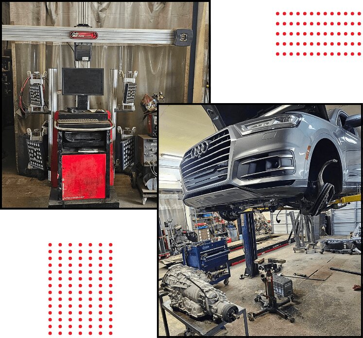 Automotive repair shop with car lift and diagnostic equipment.