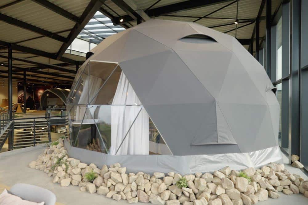 Geodesic dome tent display at EJH Distribution event showcasing innovative event structures.