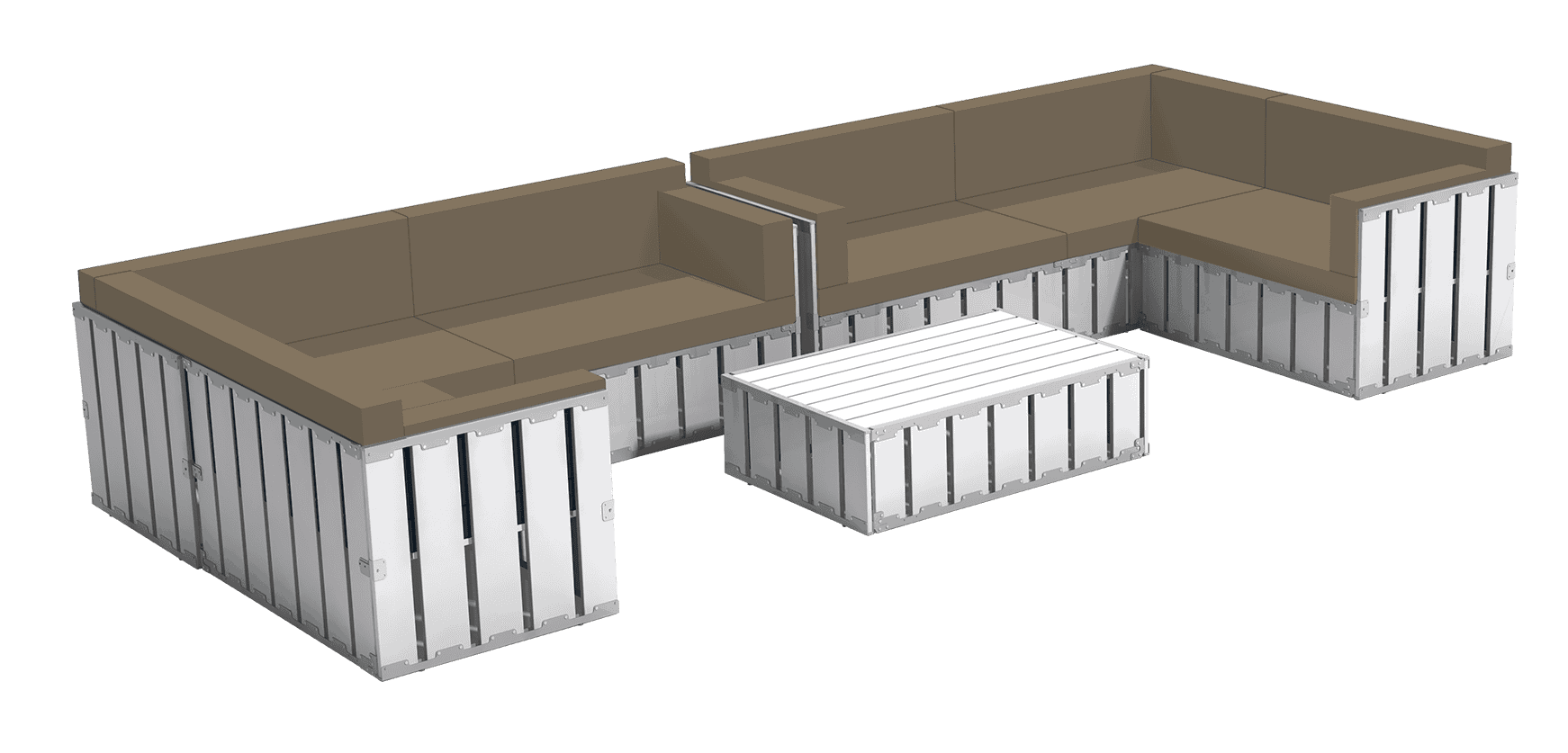 Modern outdoor sectional furniture with aluminum frame and beige cushions for patios and lounges.